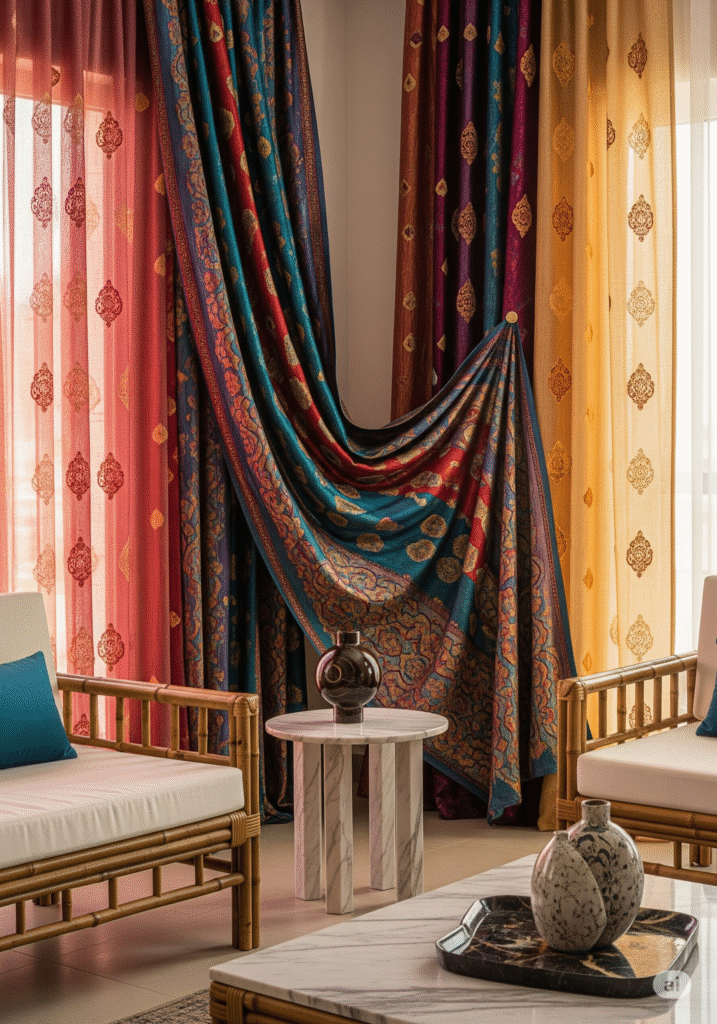 مشهد اختيار ألوان ومواد من كتاب The Art of Home مع ستائر حرير سعودية وأثاث خيزران في جدة.