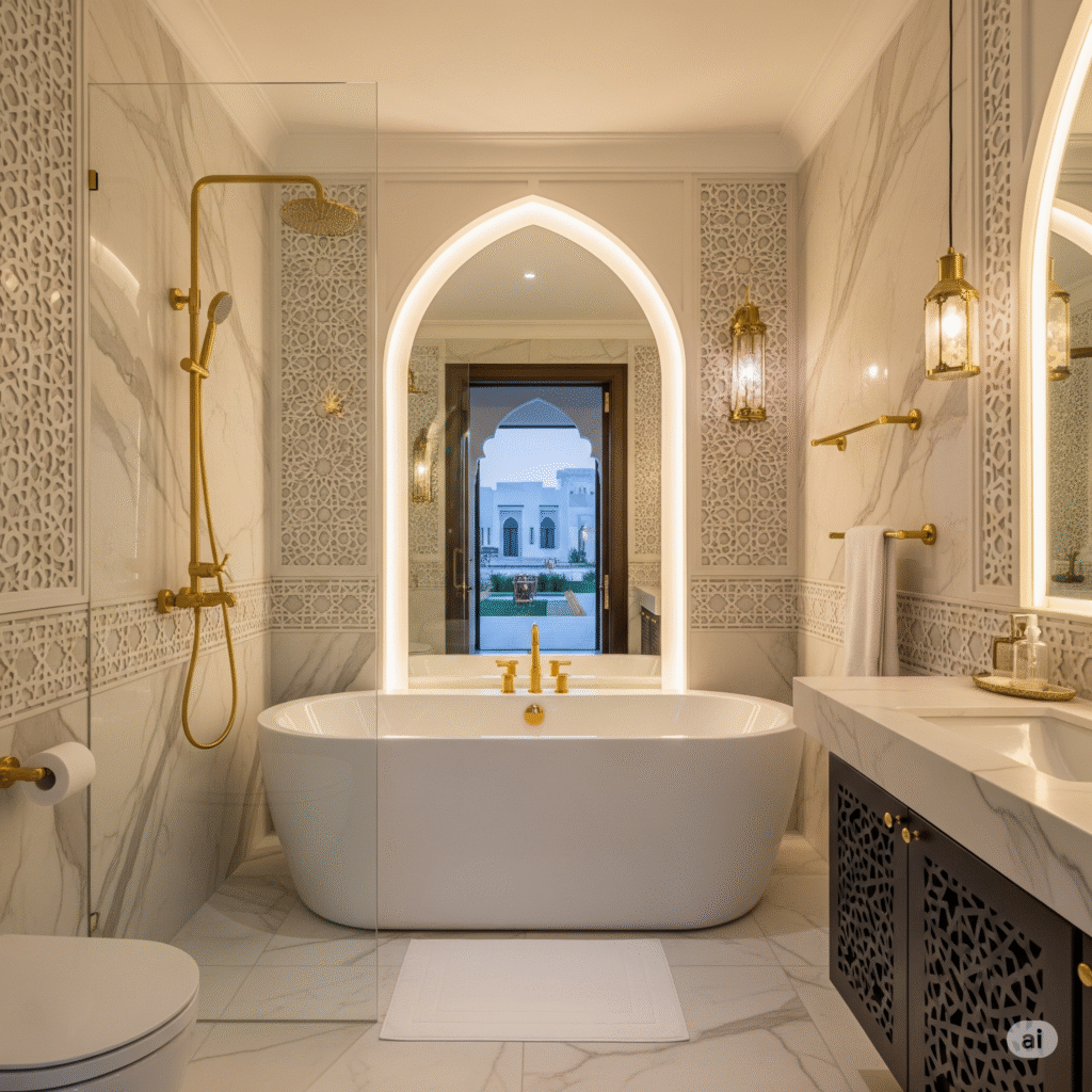 حمام مودرن فاخر مستوحى من الطراز العربي، يحتوي على حوض استحمام أبيض منفصل، تفاصيل ذهبية، وجدران رخامية مزخرفة بأنماط هندسية عربية.