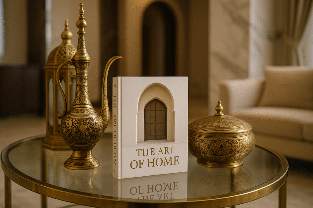 غلاف كتاب The Art of Home مع ديكور فاخر مستوحى من التراث العربي في فيلا سعودية حديثة.