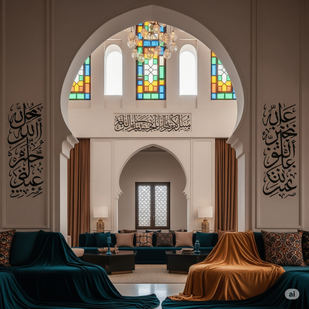 مشهد إلهامي من كتاب The Art of Home مع أقواس إسلامية وزجاج ملون وخط عربي في فيلا بالرياض.
