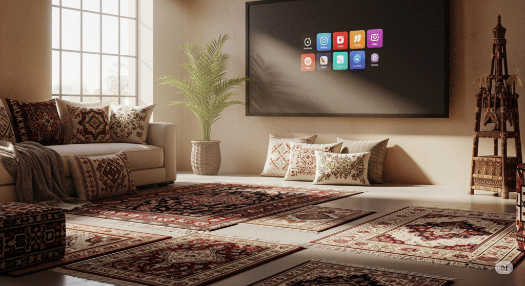 مشهد لمسات نهائية من كتاب The Art of Home مع سجاد سعودي ووسائد مطرزة في جدة.