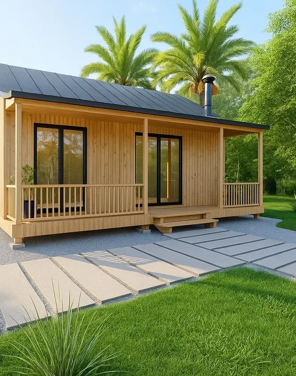 مخطط منزل شاليه عصري 78 متر مربع بتصميم مفتوح ونوافذ بانورامية - تحميل فوري