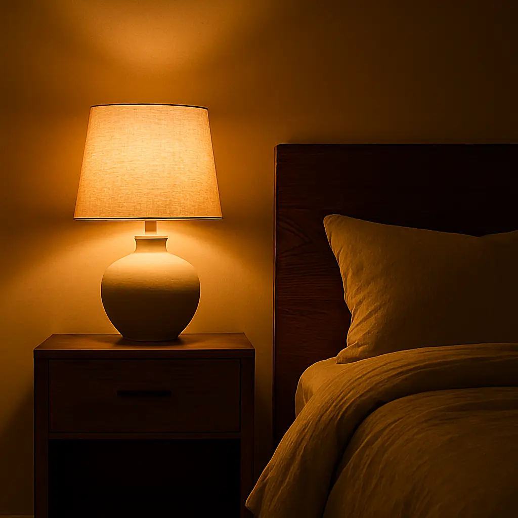 إضاءة جانبية دافئة (Warm light) تخلق جوًا حميميًا وتبرز جمال الأثاث الخشبي البني.