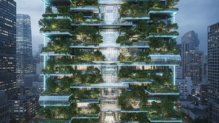 تصميم برج حضري يحتوي على حدائق معلّقة وواجهات نباتية، يعكس نموذجًا جديدًا للتكامل بين الطبيعة والمدينة