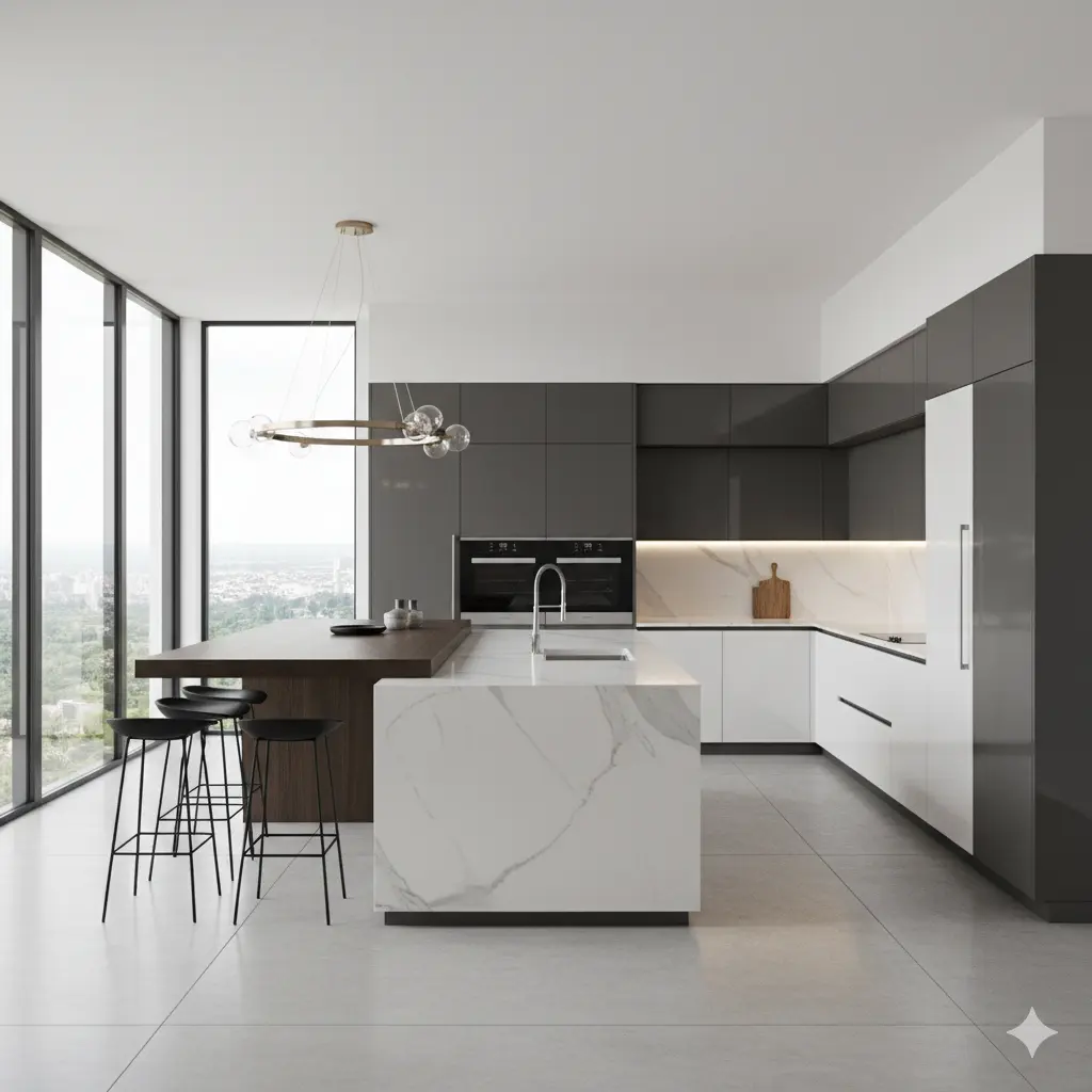 تصميم مطبخ واسع على شكل حرف U مع جزيرة مركزية، يوفر مساحة عمل كبيرة.