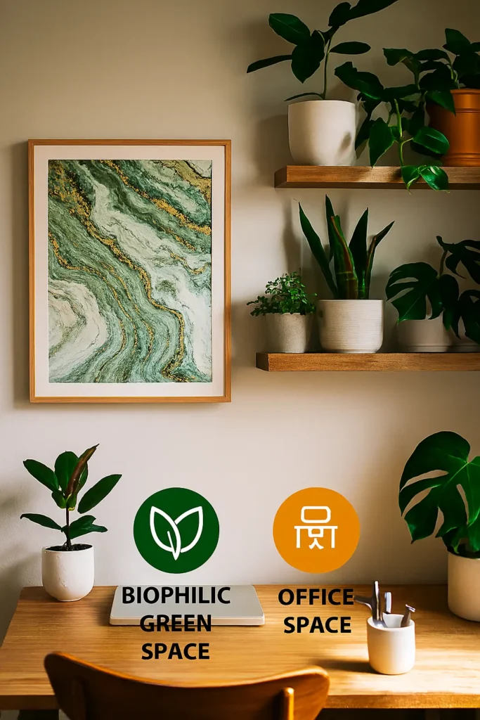 تصميم بيوفيلي بسيط لزاوية مكتب منزلي باستخدام الخشب والنباتات الداخلية لتعزيز الإنتاجية والتركيز.