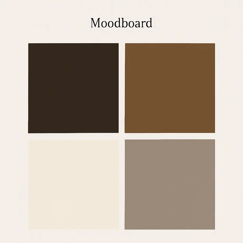 لوحة إلهام (Moodboard) تعرض تدرجات مختلفة من البني والبيج: الداكن والفاتح، الدافئ والبارد، لتنسيق غرفة النوم.