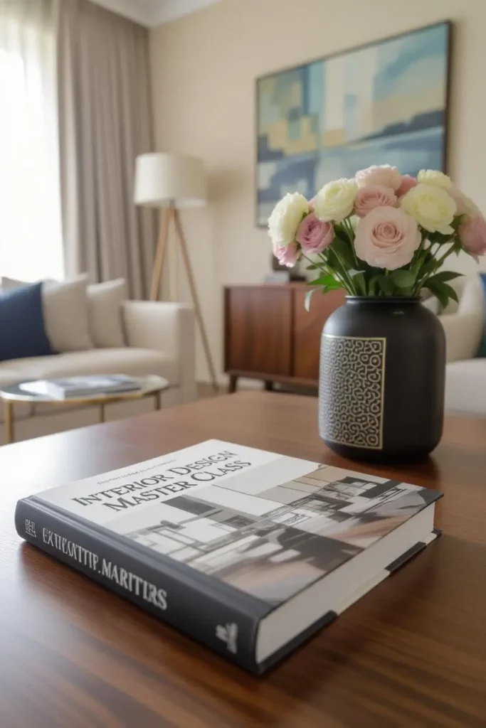 غلاف كتاب Interior Design Master Class على طاولة خشبية في غرفة معيشة