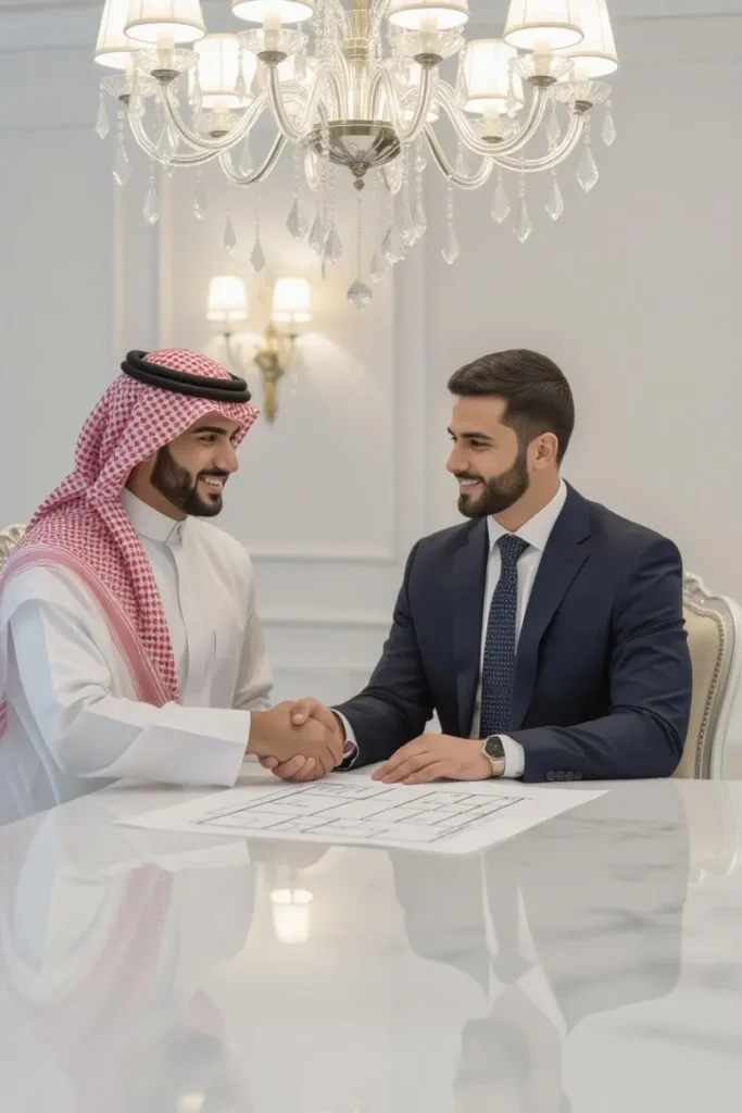 مهندس تصميم داخلي متخصص في الحمامات الفاخرة يناقش التفاصيل مع العميل
