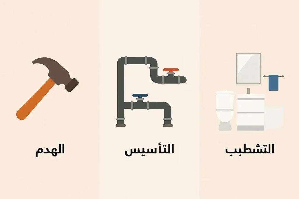أيقونات تمثل مراحل تجديد الحمام الهدم، تأسيس السباكة، والتشطيب النهائي.