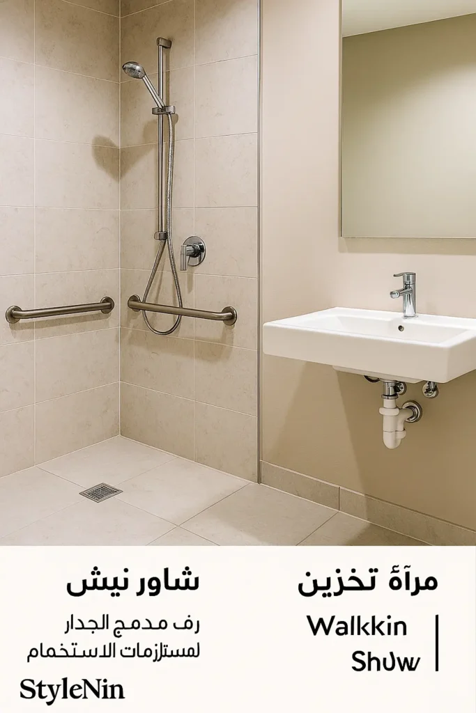 تصميم حمام شامل لذوي الاحتياجات الخاصة وكبار السن: دش بدون عتبة، مقابض دعم مثبتة على الجدران، ومغسلة معلقة.