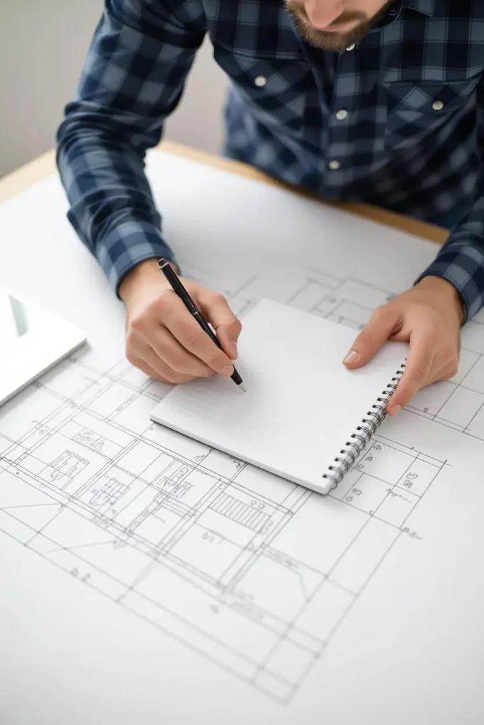 شخص يكتب قائمة احتياجاته ويخطط لتصميم الحمام على مخطط ورقي.